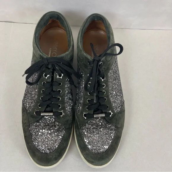 Jimmy Choo Women’s Size 41 Gray Suede & Black Glitter High-Top Sneakers - Picture 2 of 13